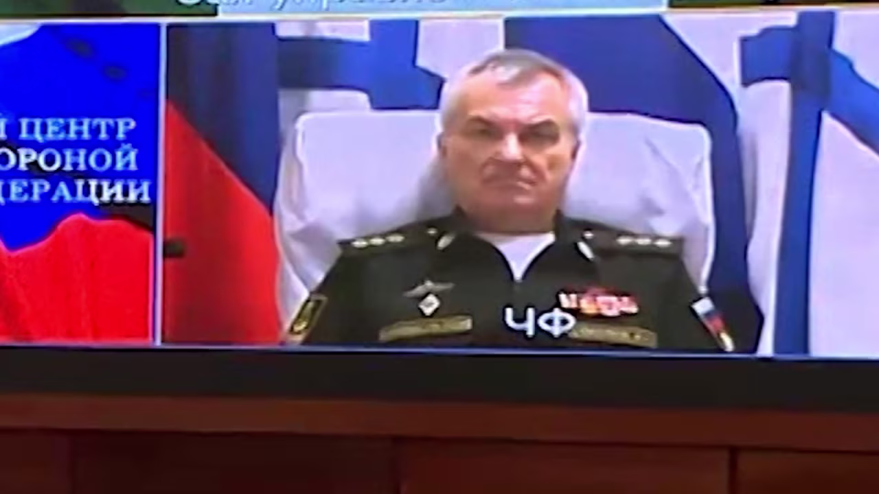 A screengrab taken from video published by the Russian Ministry of Defense appears to show the commander of the Black Sea Fleet, Admiral Viktor Sokolov, participating in a meeting with Defense Minister Sergei Shoigu and other Russian military leaders on Tuesday.