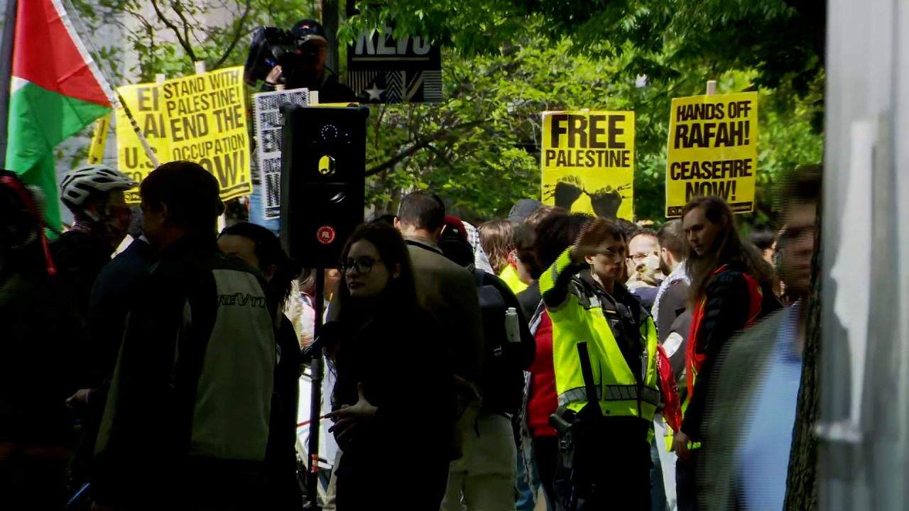 Protesters are seen at George Washington University in Washington, DC, on Thursday.