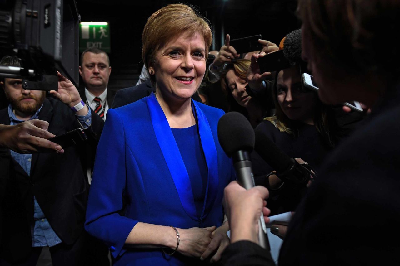 Scottish National Party leader Nicola Sturgeon talks to the media in Glasgow on Friday. Photo: Andy Buchanan/AFP via Getty Images