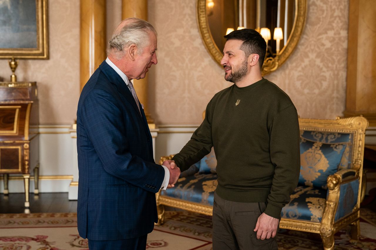 King Charles III holds an audience with Ukrainian President Volodymyr Zelensky at London's Buckingham Palace on February 8.