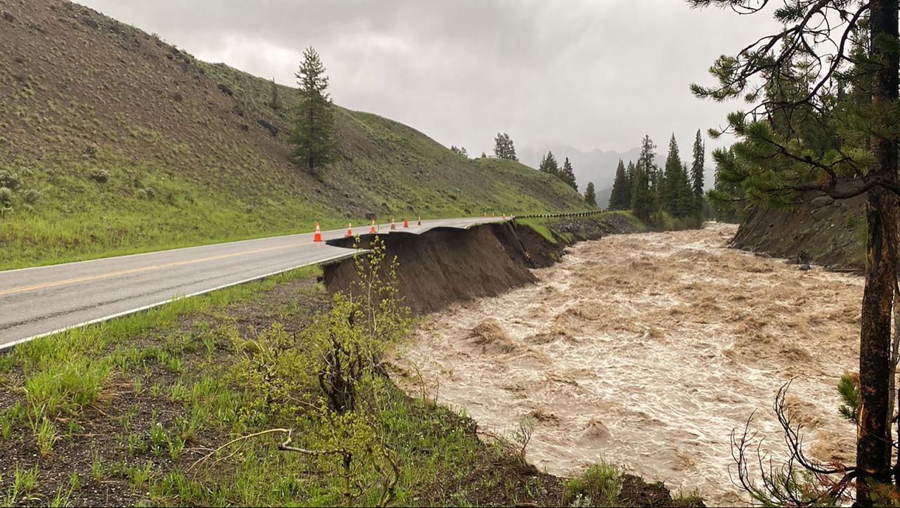 High water levels in the Lamar River erode the Northeast Entrance Road to Yellowstone National Park.