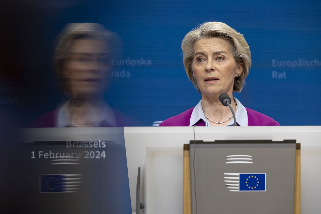 President of the European Commission Ursula von der Leyen speaks at a joint press conference with President of the European Council Charles Michel in Brussels, Belgium on February 1. The 27 EU leaders and heads of states discuss the 2021-2027 budgetary plan and the financial of a 50 billion Euro support package for Ukraine in addition to military, political, economic, diplomatic and humanitarian aid.