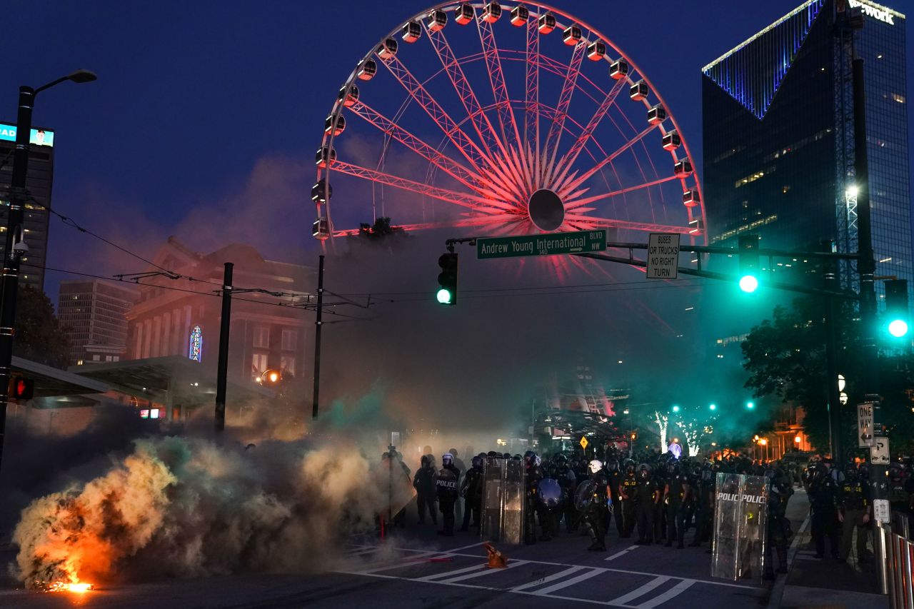 Police line a main street near Centennial Olympic Park and CNN Center in Atlanta on May 30.