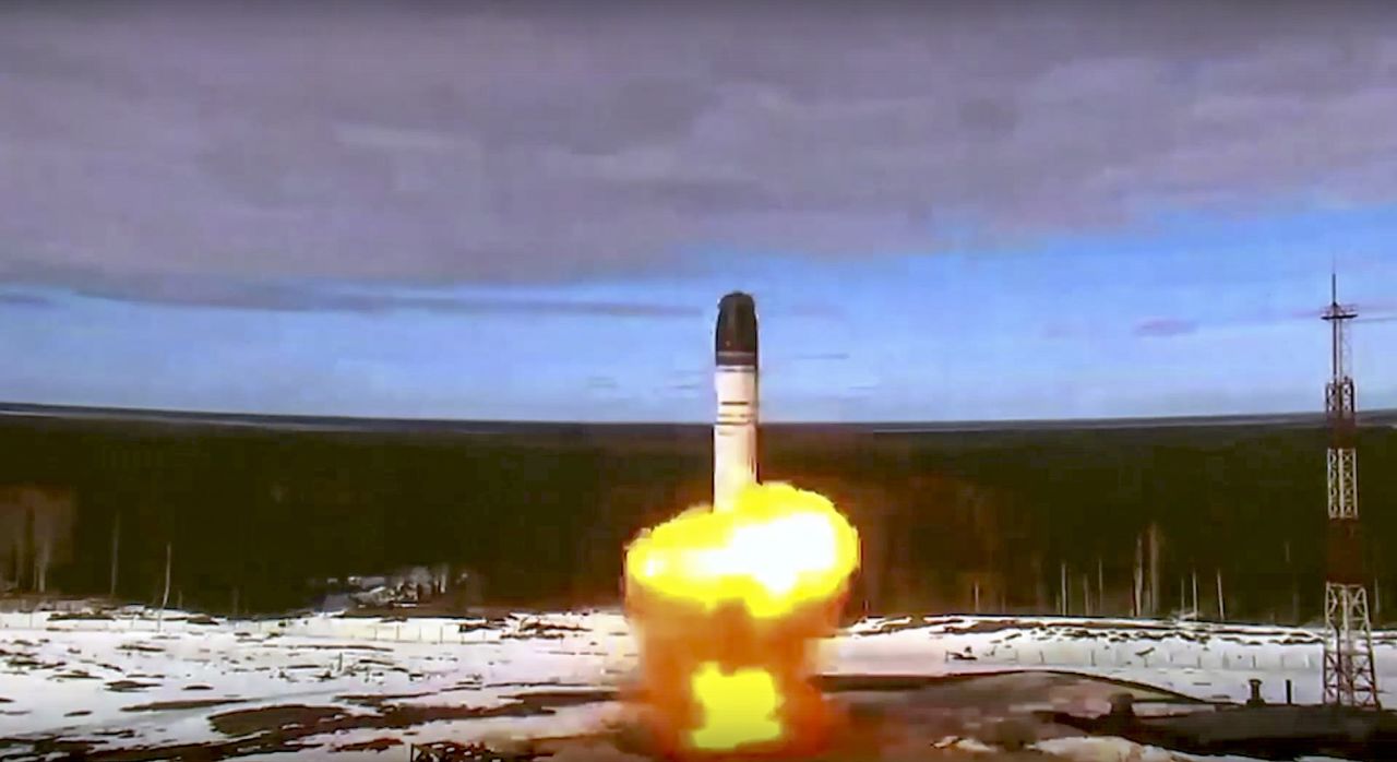 In this handout photo released by Roscosmos Space Agency Press Service on April 20, 2022, the Sarmat intercontinental ballistic missile is launched from Plesetsk in Russia's northwest. 