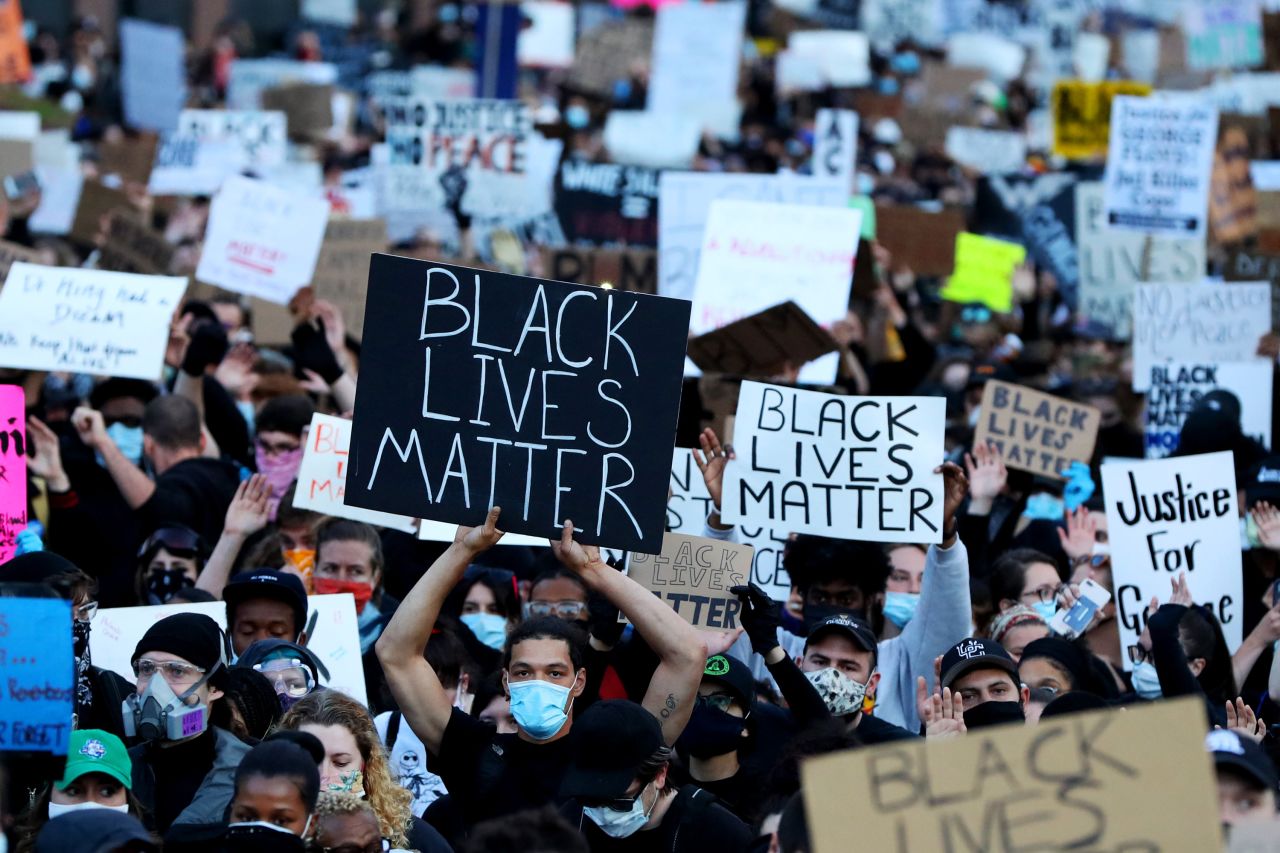 Demonstrators protest in response to the recent death of George Floyd on May 31 in Boston.