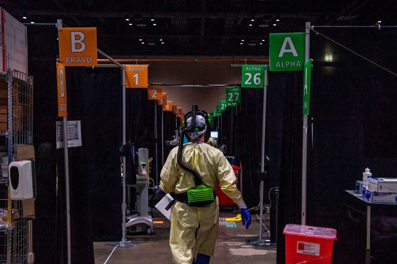 Medical staff monitor and treat sick patients infected with the Covid-19 virus at the UMASS Memorial DCU Center Field Hospital in Worcester, Massachusetts on January 13.