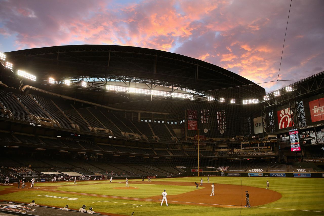 The Oakland Athletics and the Arizona Diamondbacks play during the second inning of the MLB game at Chase Field on August 17, in Phoenix.