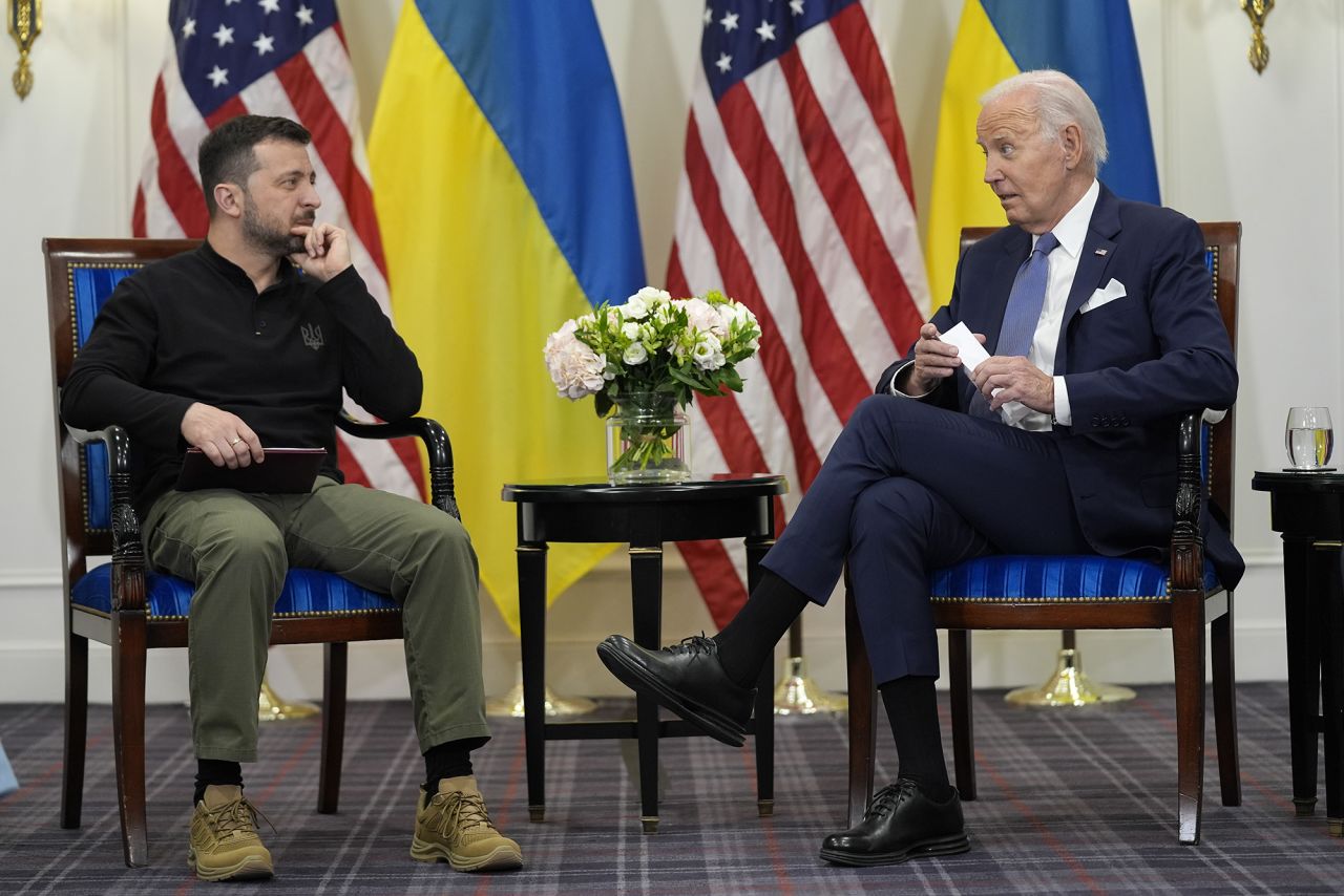 US President Joe Biden, right, meets with Ukrainian President Volodymyr Zelensky in Paris, France, on June 7.