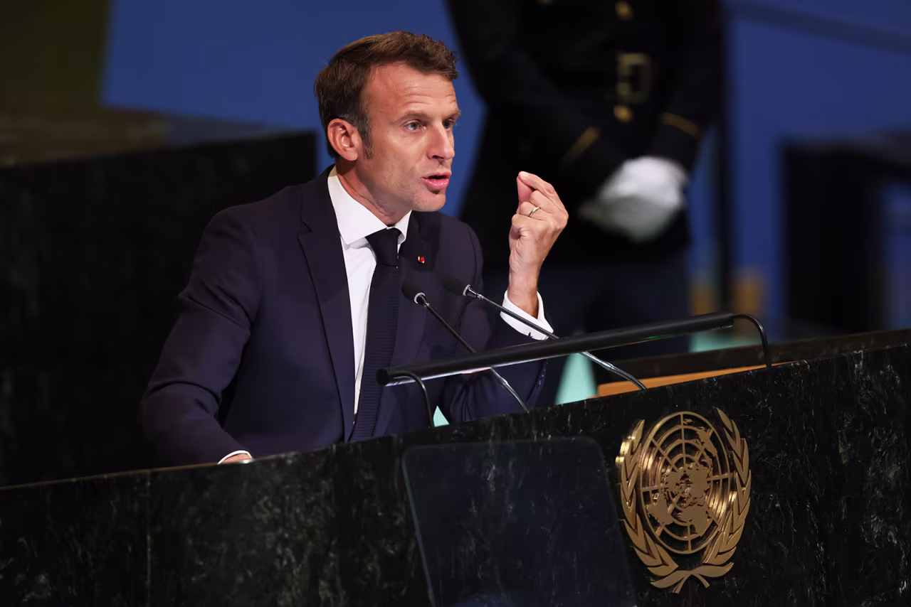 French President Emmanuel Macron speaks at the 77th session of the United Nations General Assembly (UNGA) at U.N. headquarters on September 20, 2022 in New York City. 