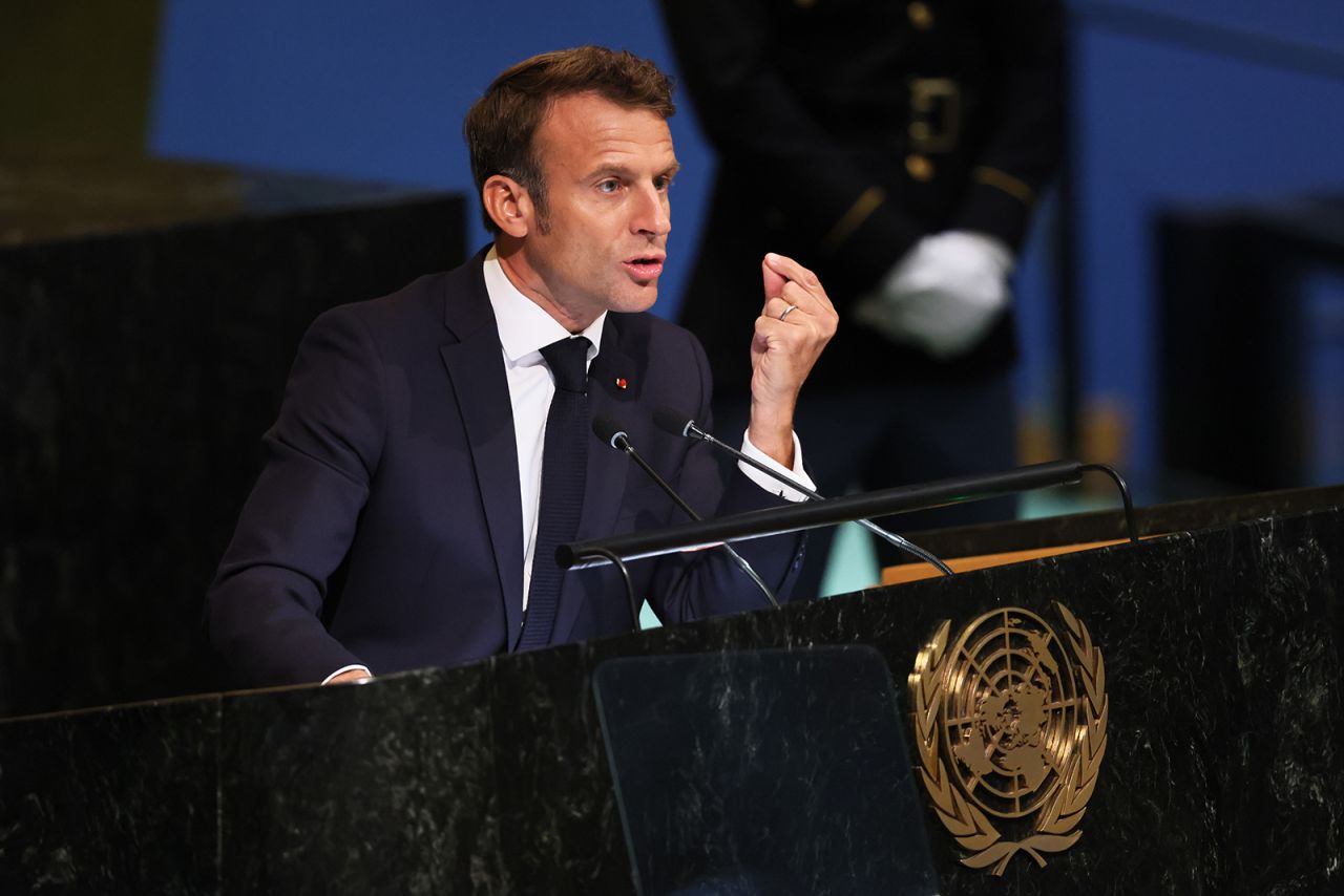 French President Emmanuel Macron speaks at the 77th session of the United Nations General Assembly (UNGA) at U.N. headquarters on September 20, 2022 in New York City. 