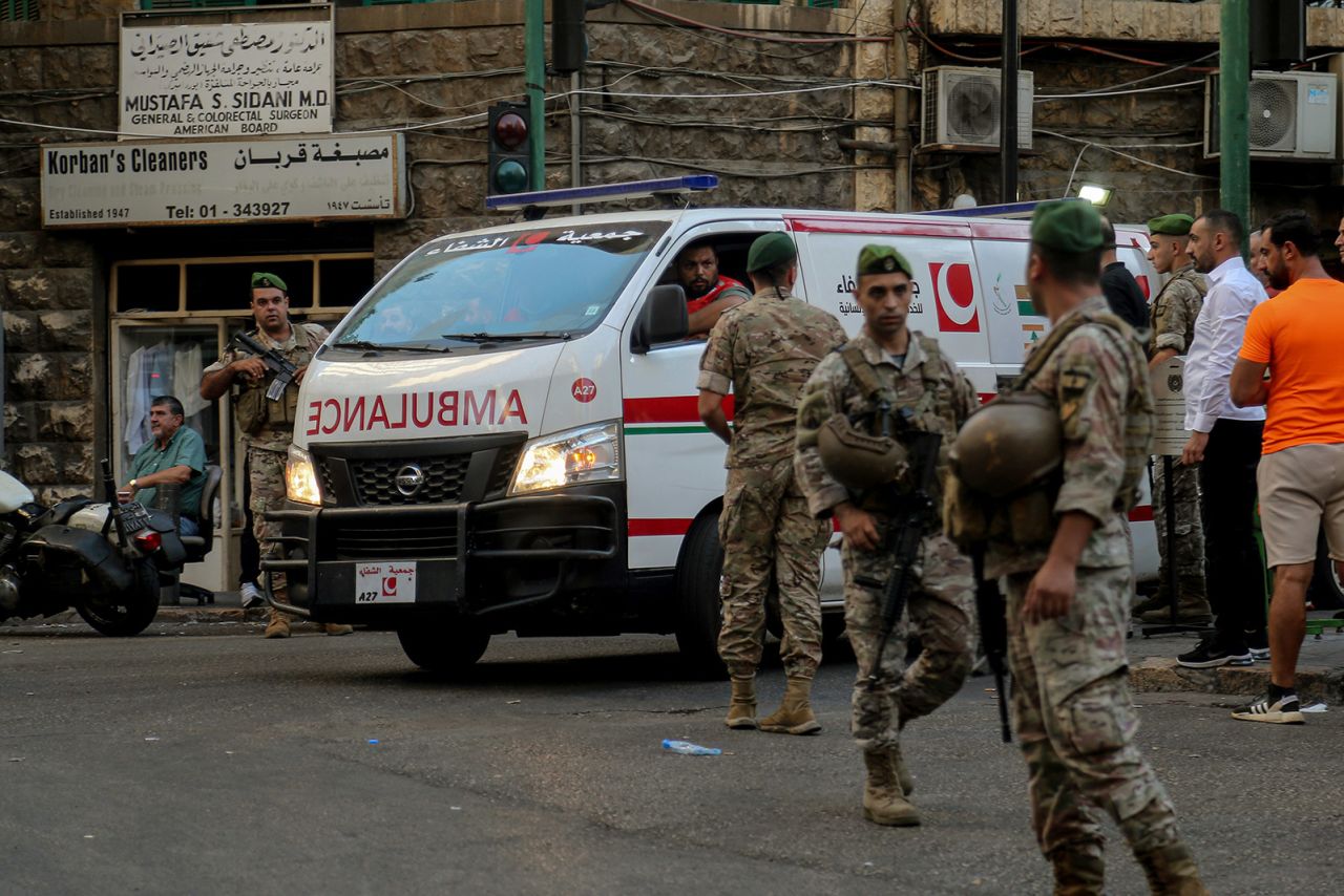 Lebanese troops secure a Beirut street following the explosions on September 17.