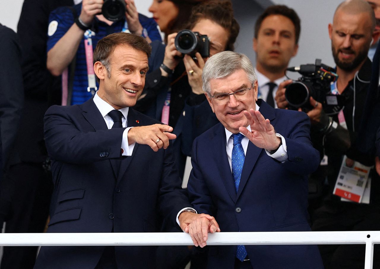 French President Emmanuel Macron and International Olympic Committee (IOC) President Thomas Bach are seen ahead of the opening ceremony.