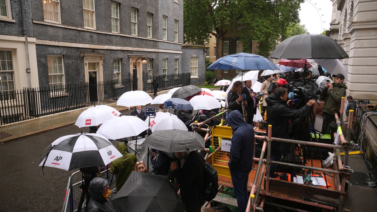 The media take up their positions in Downing Street following Labour's landslide election victory on July 5, in London, England.