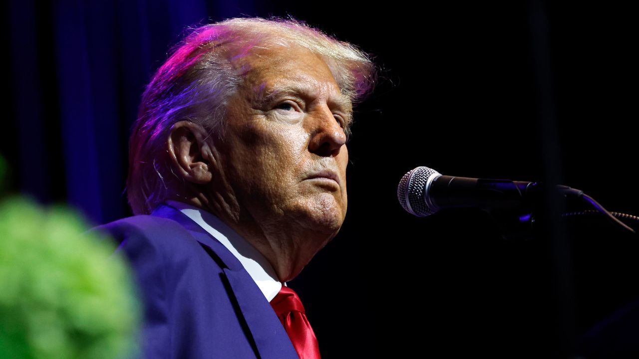 Former President Donald Trump speaks at a fundraiser event for the Alabama GOP on August 4, 2023, in Montgomery, Alabama.