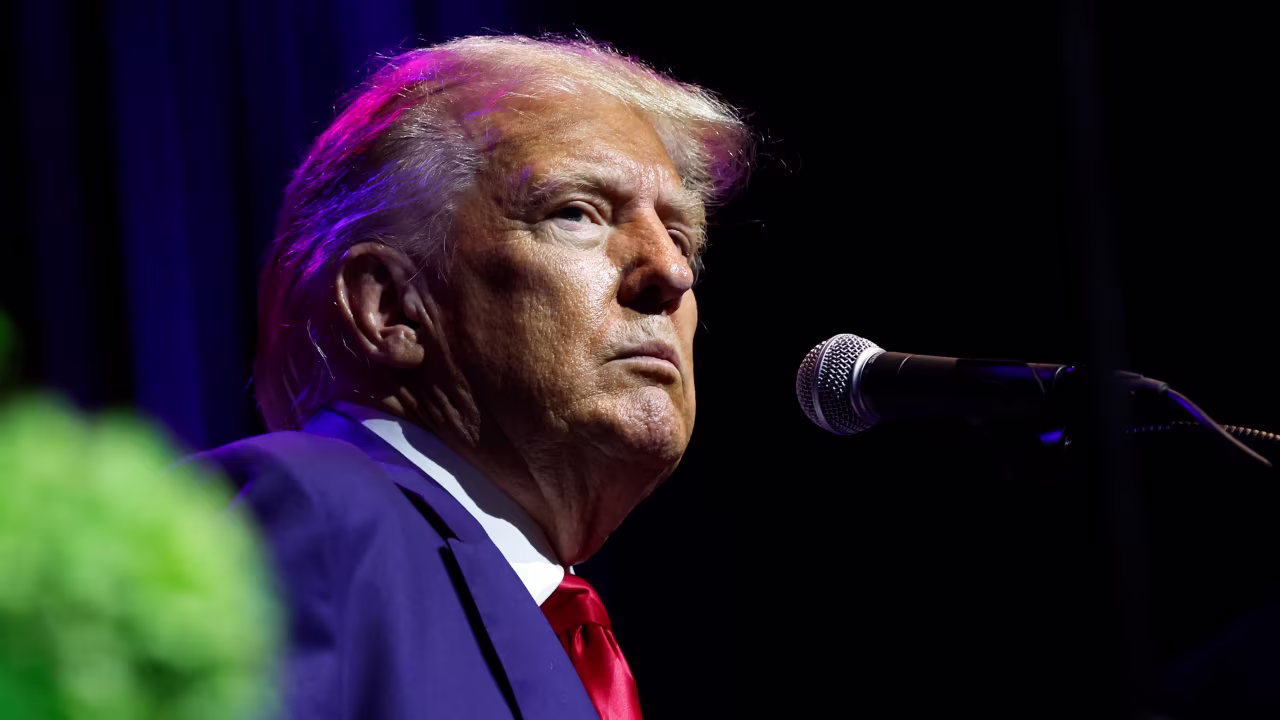 Former President Donald Trump speaks at a fundraiser event for the Alabama GOP on August 4, 2023, in Montgomery, Alabama.