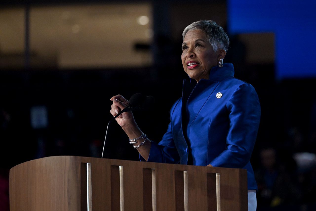 Rep. Joyce Beatty speaks on Monday, August 19, on stage during the DNC in Chicago.