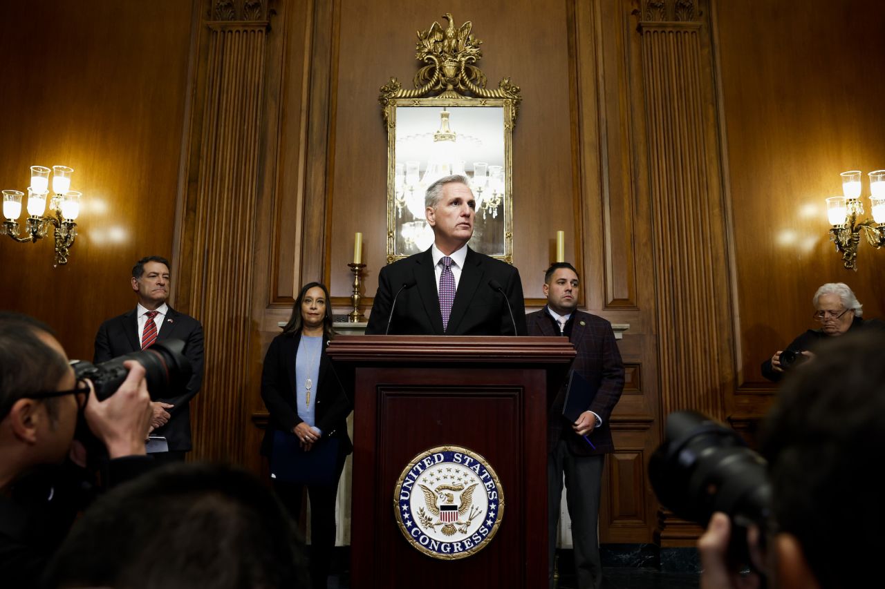 Kevin McCarthy is seen at a press conference at the Capitol Building on Friday.