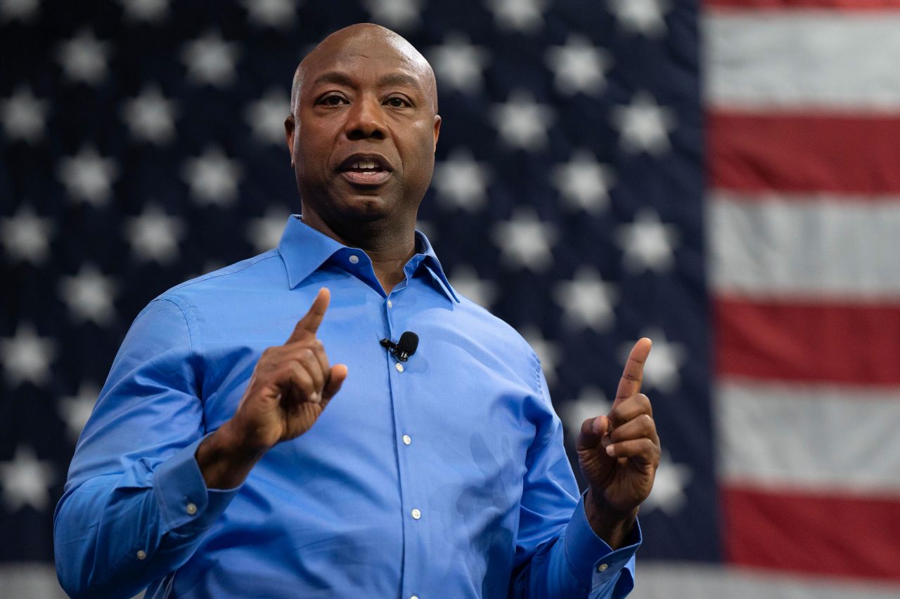 Sen. Tim Scott announces his run for the 2024 Republican presidential nomination at a campaign event in North Charleston, South Carolina, on May 22.