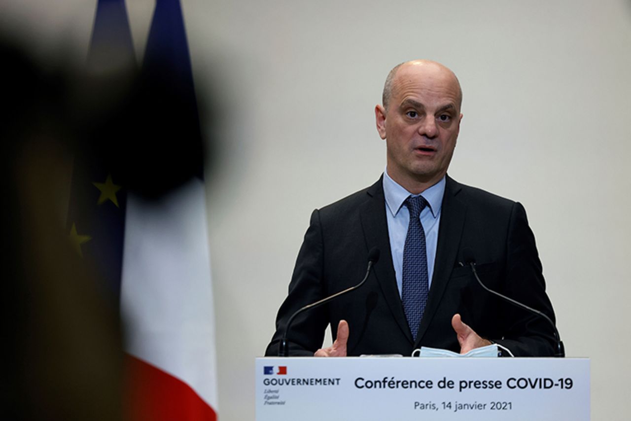 Blanquer speaks during a press conference in Paris on Thursday, January 14, on the current French government strategy for the ongoing coronavirus epidemic. (