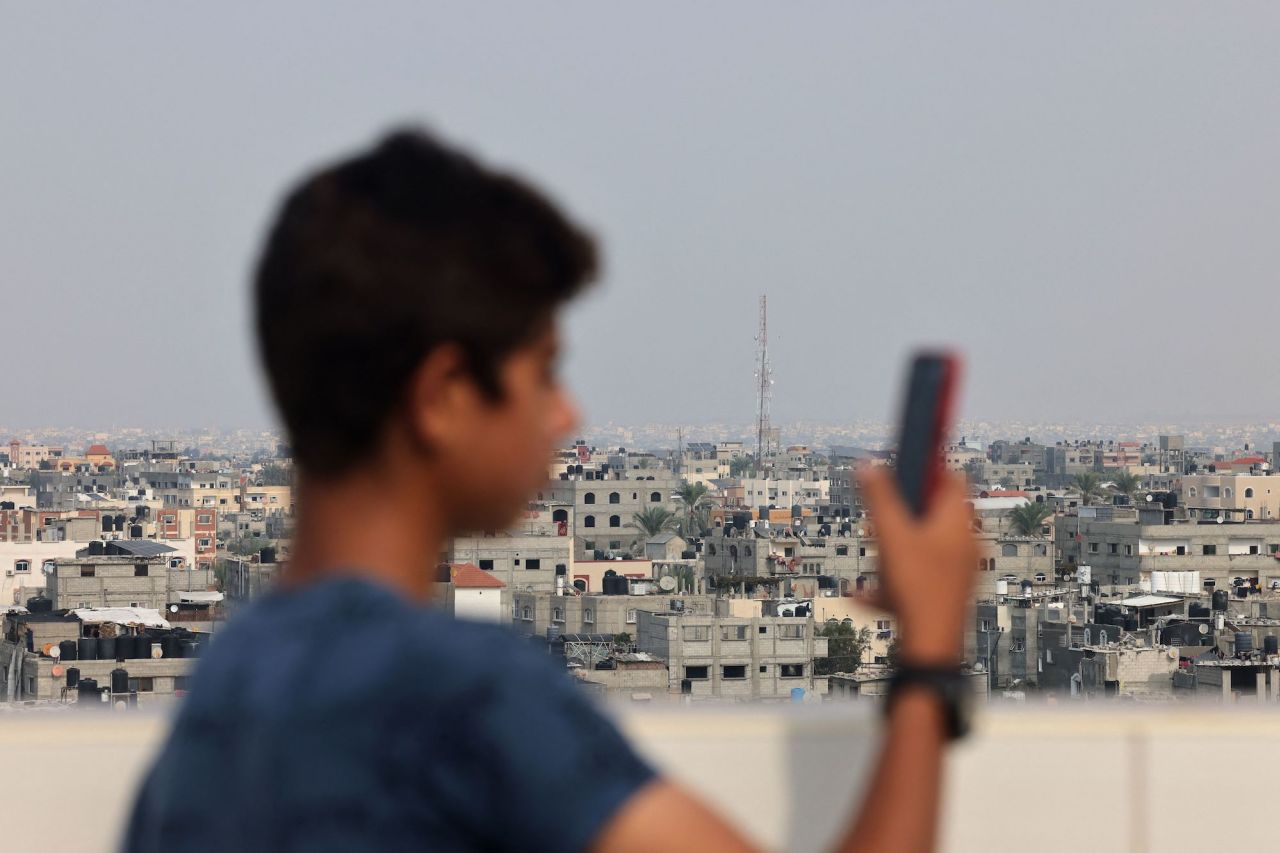 An antenna of a communications tower is seen in Rafah, southern Gaza, on October 28.