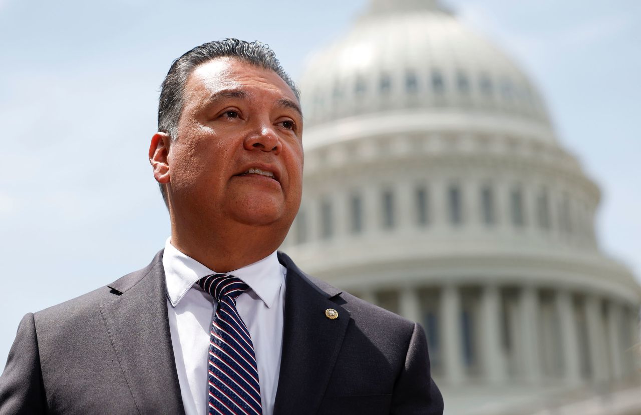 Sen. Alex Padilla speaks at a press conference on protecting long-term undocumented residents outside of the US Capitol on May 8 in Washington, DC. 