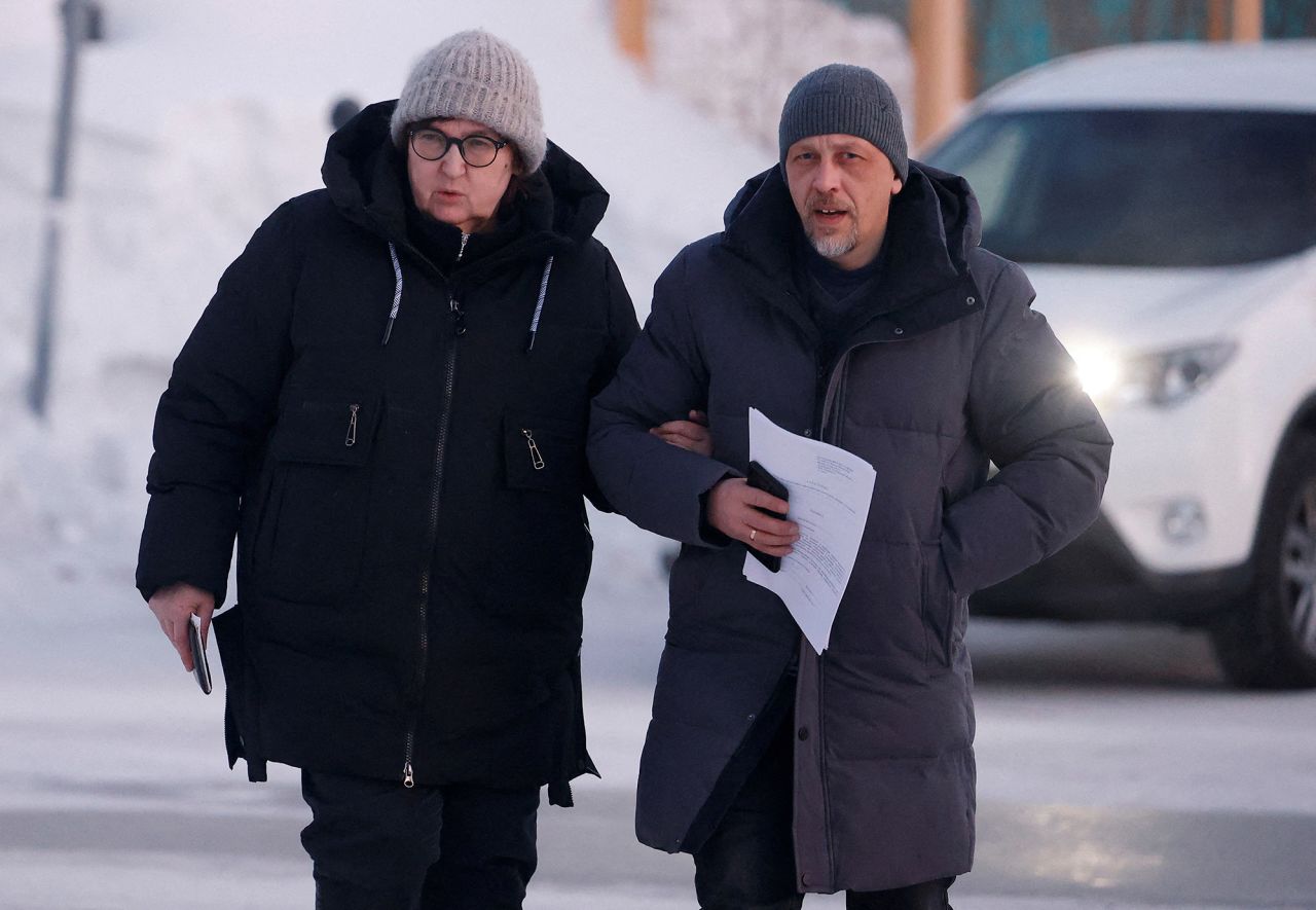 Lyudmila?Navalnaya, left, the mother of late Russian opposition figure Alexey Navalny, and lawyer Vasily Dubkov arrive at the regional department of Russia's Investigative Committee in the town of Salekhard in the Yamal-Nenets Region, Russia, on February 17.