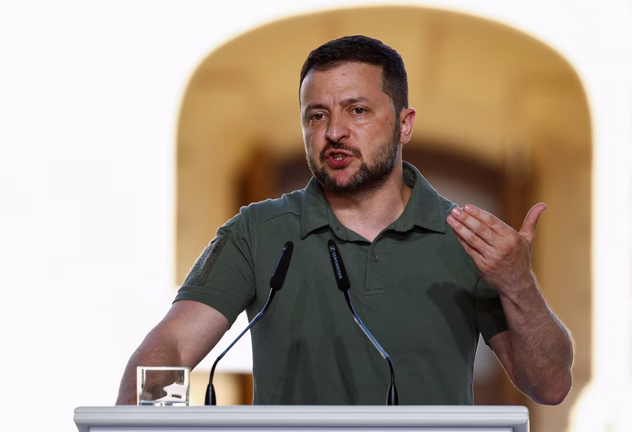 Ukrainian President Volodymyr Zelensky speaks during a news conference with African leaders in Kyiv on June 16. 