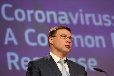 EU Commission Vice President Valdis Dombrovskis speaks at a press conference in Brussels, Belgium, on March 24.