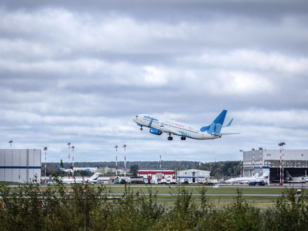 A plane takes off from Vnukovo International Airport on September 9, 2020.