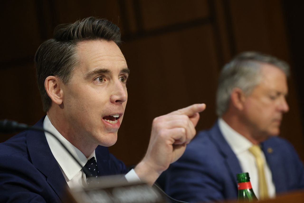 US Senator Josh Hawley (R-MO) speaks as Boeing President and CEO Dave Calhoun testifies during a Senate Homeland Security and Governmental Affairs Committee Investigations Subcommittee hearing to examine "Boeing's broken safety culture" on Capitol Hill today.