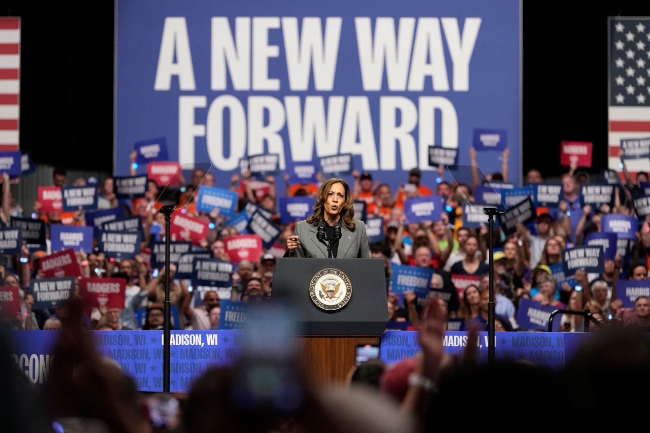 Vice President Kamala Harris speaks at a campaign event in Madison, Wisconsin, on Friday. 