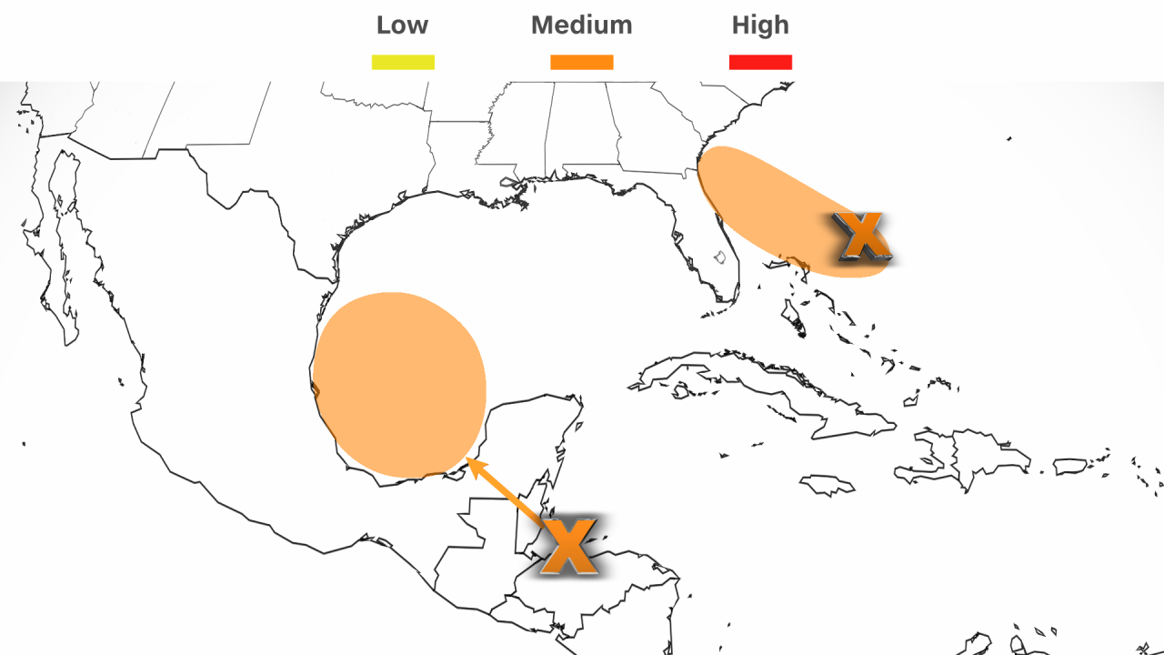 This graphic shows tropical development chances for two areas over the next seven days.