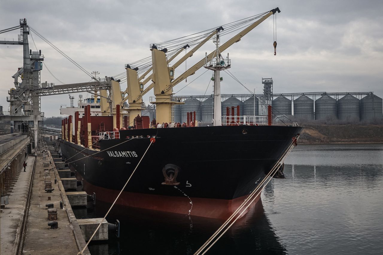 The UN-chartered vessel MV Valsamitis is loaded to deliver 25,000 tonnes of Ukrainian wheat to Kenya and 5,000 tonnes to Ethiopia, at the port of Chornomorsk, east of Odesa on the Black Sea coast, on February 18, 2023.