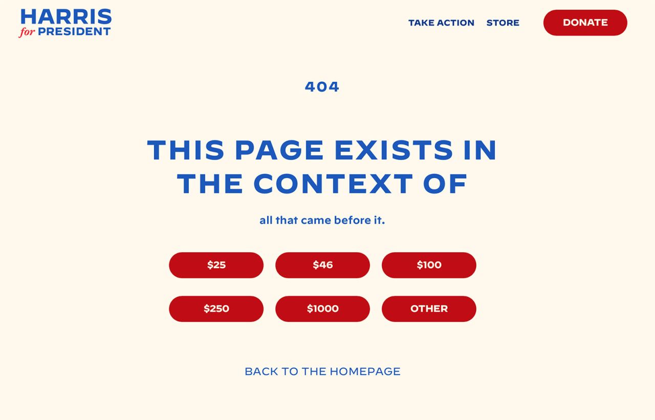 The Harris for President error page references an internet meme that has become a popular way to show support for her campaign.