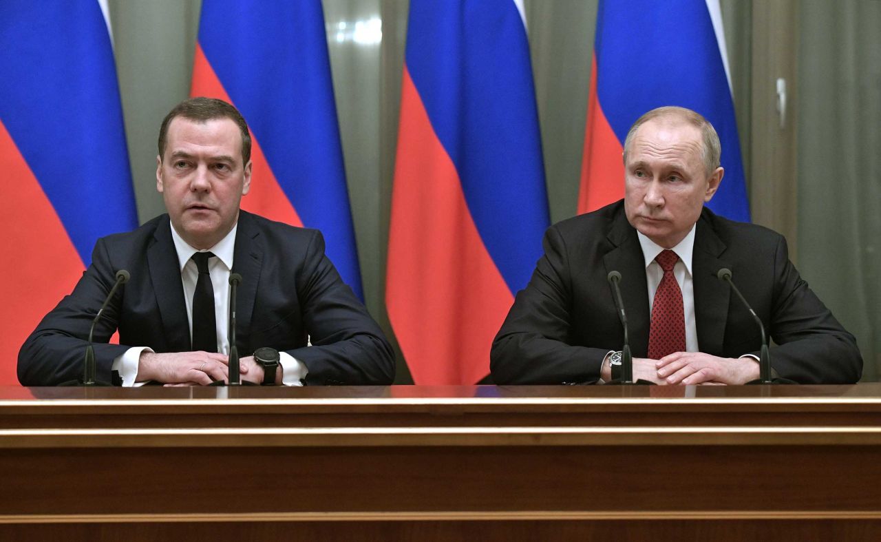 Russian Prime Minister Dmitry Medvedev and President Vladimir Putin meet with members of the government in Moscow on Wednesday. 