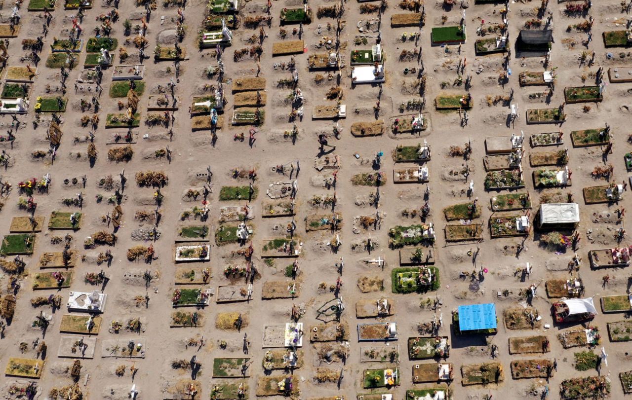 Aerial view of graves at a special area designated for Covid-19 victims, at the Municipal Pantheon of Valle de Chalco in Mexico, on March 26.