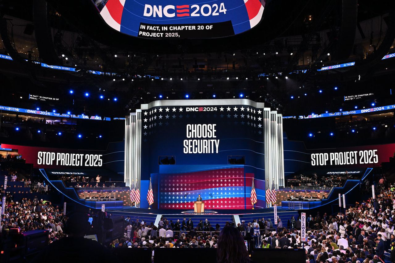 Rep. Jason Crow discusses Project 2024 on stage during the DNC on Thursday, August 22, in Chicago.