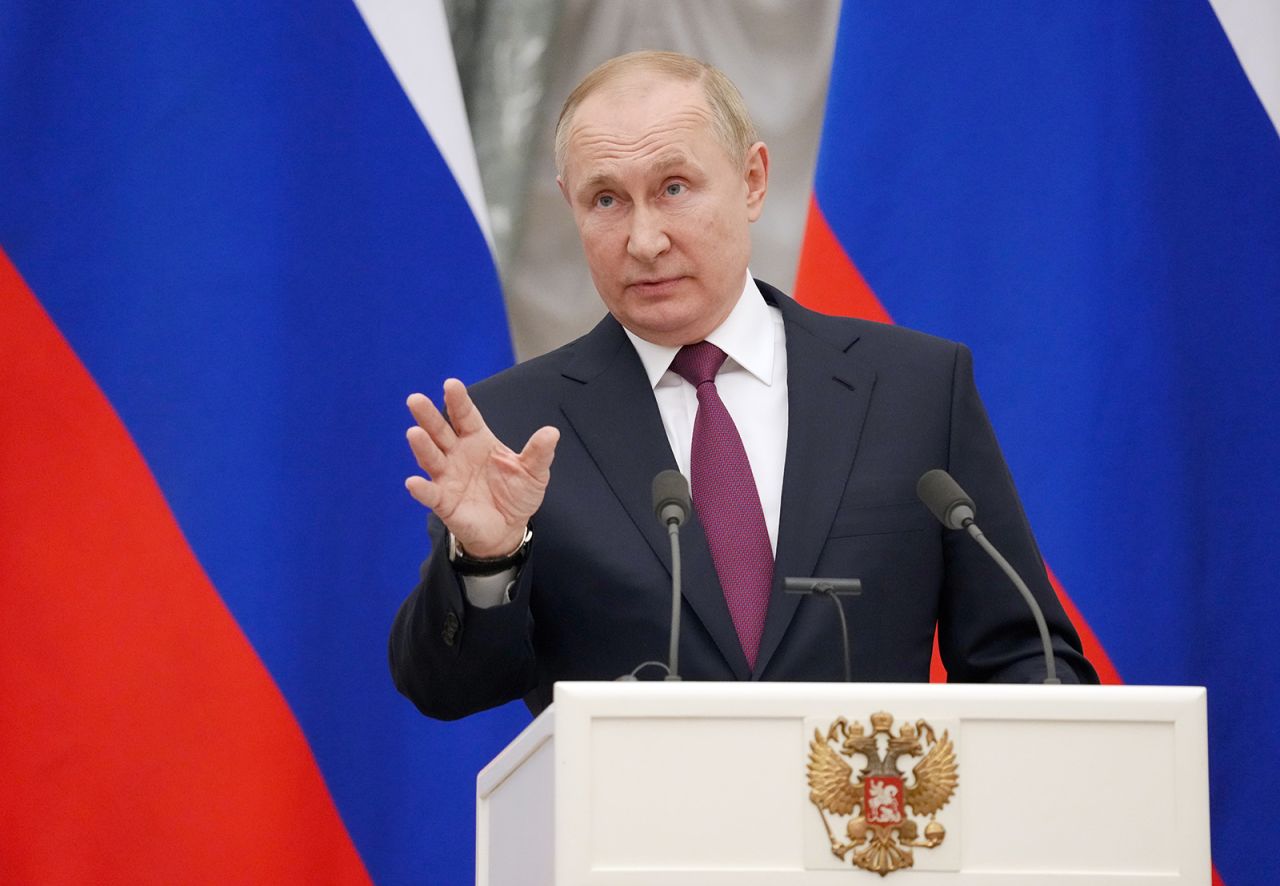 Russian President Vladimir Putin speaks at a joint press conference with German Chancellor Olaf Scholz after several hours of one-on-one talks in the Kremlin on February 15 in Moscow, Russia.