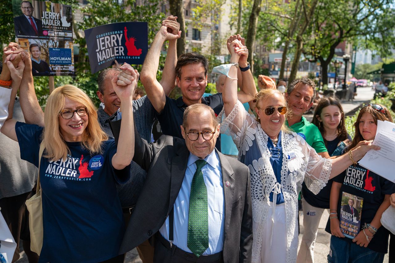 Rep. Jerry Nadler holds a campaign rally in Manhattan on August 20. Nadler will win the Democratic nomination for New York’s 12th Congressional District, CNN projects, defeating fellow longtime Rep. Carolyn Maloney.