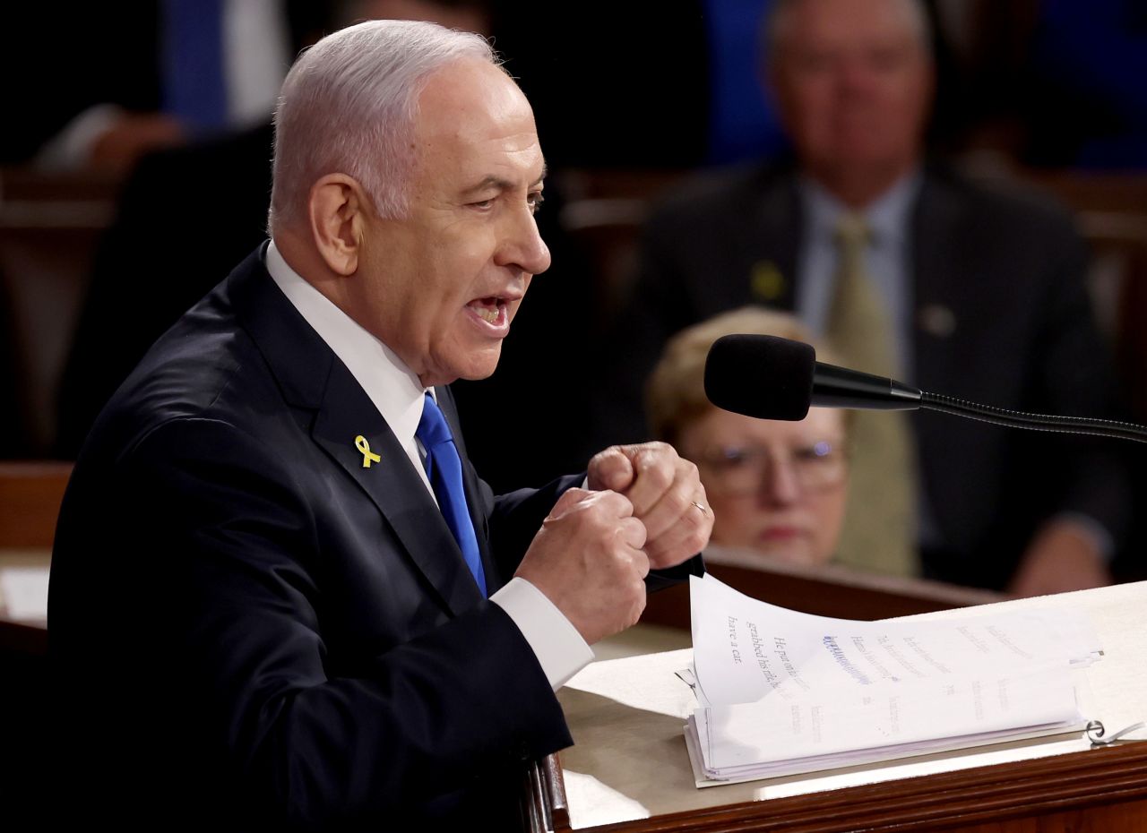 Israeli Prime Minister Benjamin Netanyahu addresses a joint meeting of Congress in the chamber of the House of Representatives at the U.S. Capitol on July 24, 2024 in Washington, DC.?