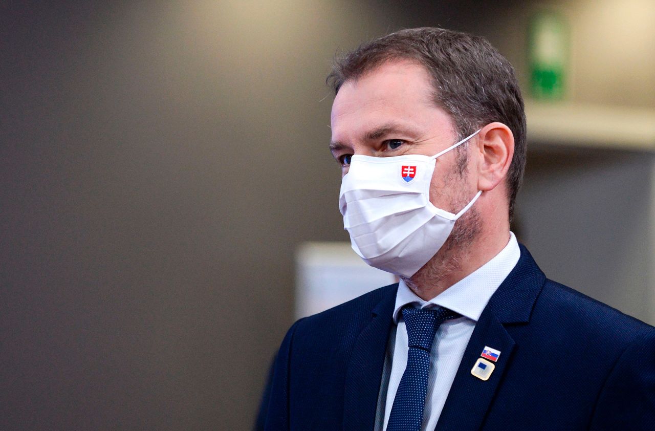 Slovakia's Prime Minister Igor Matovic leaves a European Union summit in Brussels, on October 16.