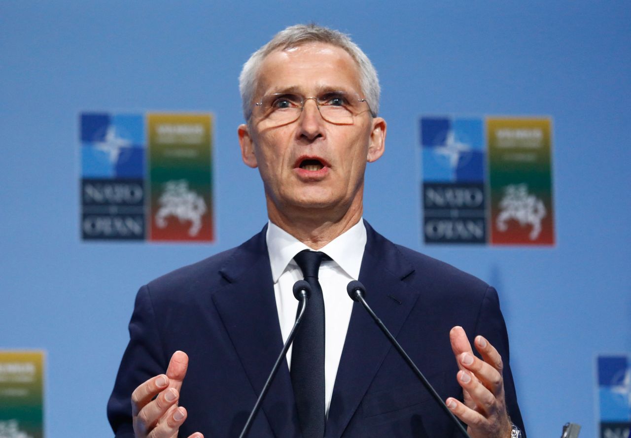NATO Secretary General Jens Stoltenberg speaks during a joint press conference with the Ukrainian President on the sidelines of the NATO Summit in Vilnius, Lithuania, on July 12. 