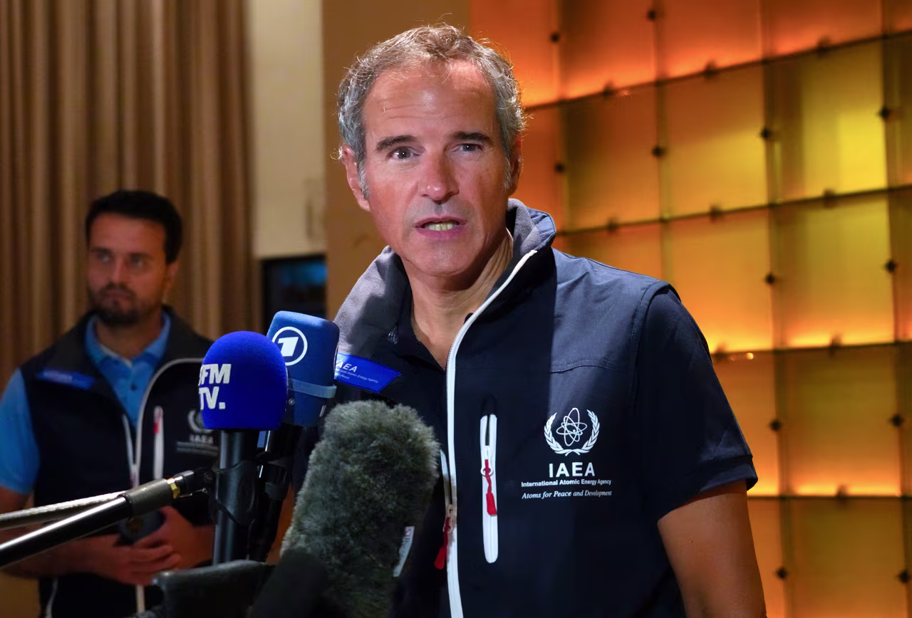 Director General of the International Atomic Energy Agency Rafael Grossi speaks to media in Kyiv, Ukraine on August 31. 