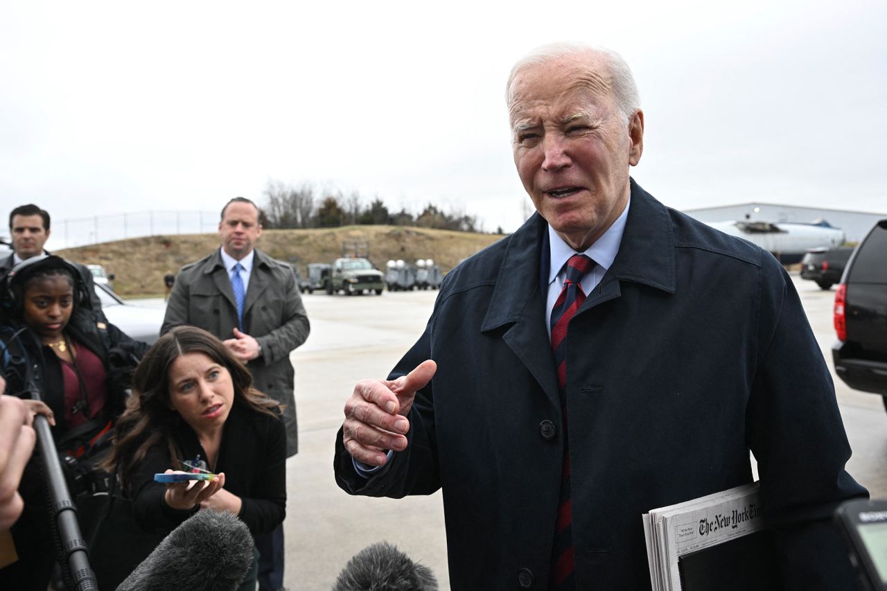 President Joe Biden speaks to reporters before boarding Air Force One at in Hagerstown, Maryland, on March 5.