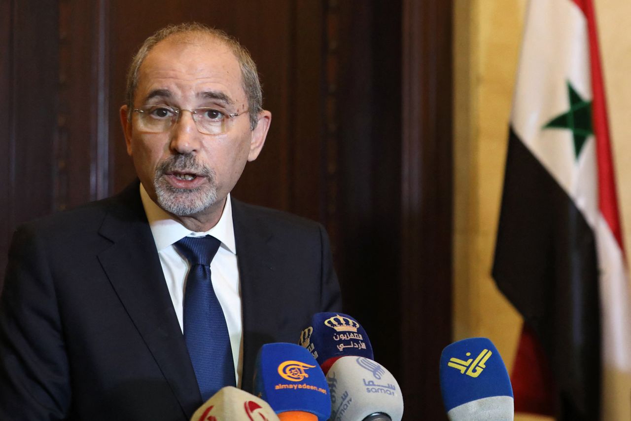 Jordan’s Foreign Minister Ayman Safadi speaks during a press conference in Damascus, Syria, on July 3.