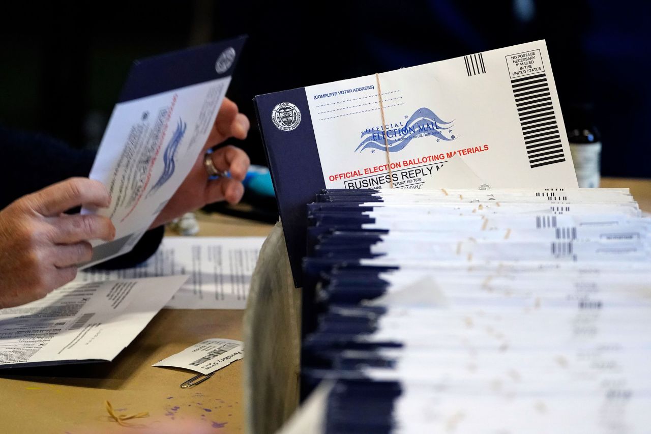 Election workers process mail-in and absentee ballots in West Chester, Pennsylvania, on November 4, 2020. 