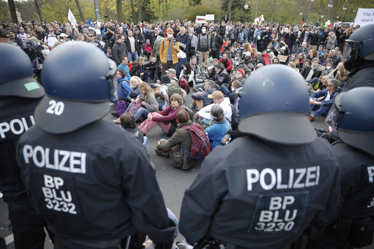 Demonstrators rally against the German government's proposed coronavirus measures in Berlin, on Wednesday, April 21. 