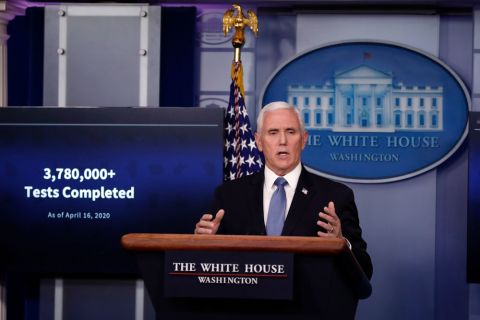 Vice President Mike Pence speaks about the coronavirus in the White House on Friday, April 17, in Washington.