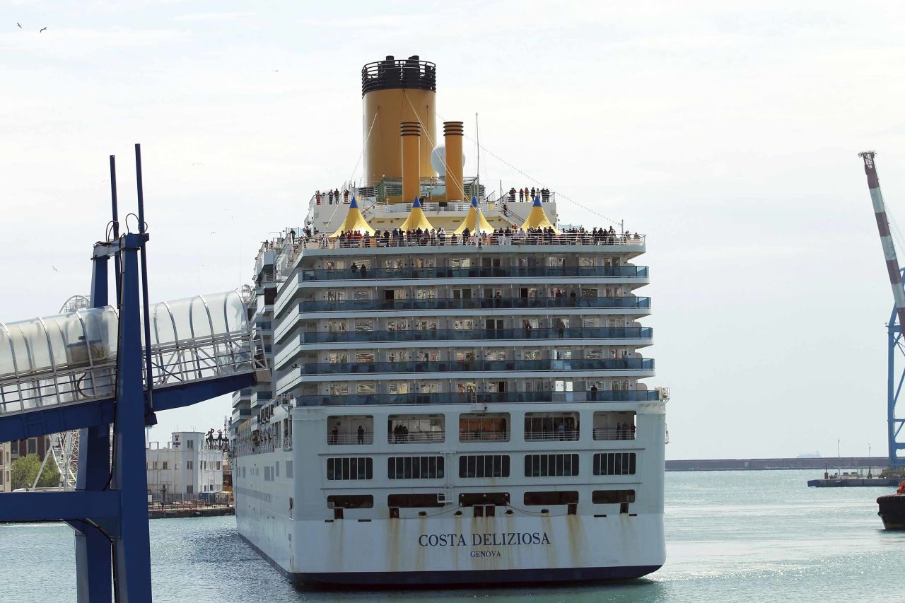 The Costa Deliziosa cruise ship docks in the port of Genoa, Italy, on Wednesday.