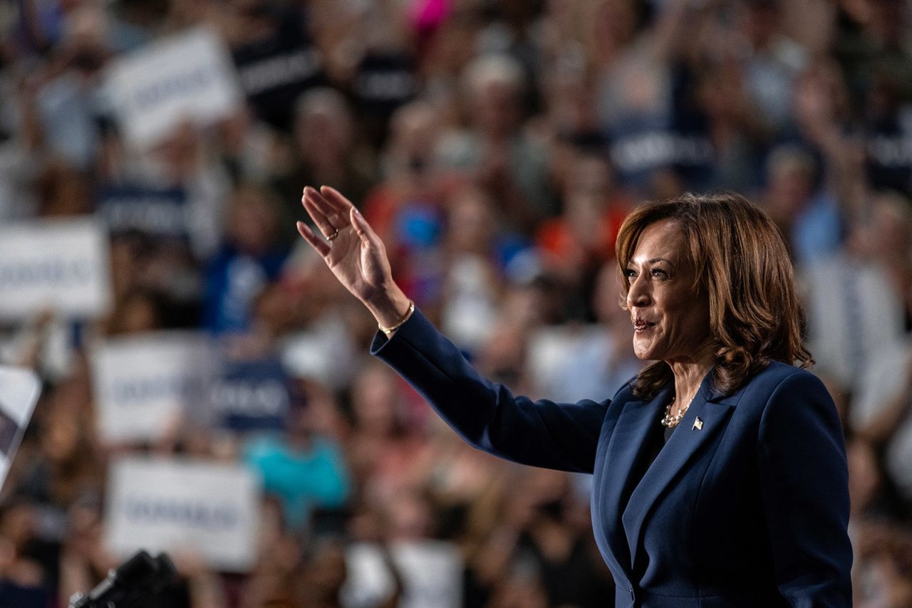 Vice President Kamala Harris speaks at a campaign rally in West Allis, Wisconsin, on July 23.